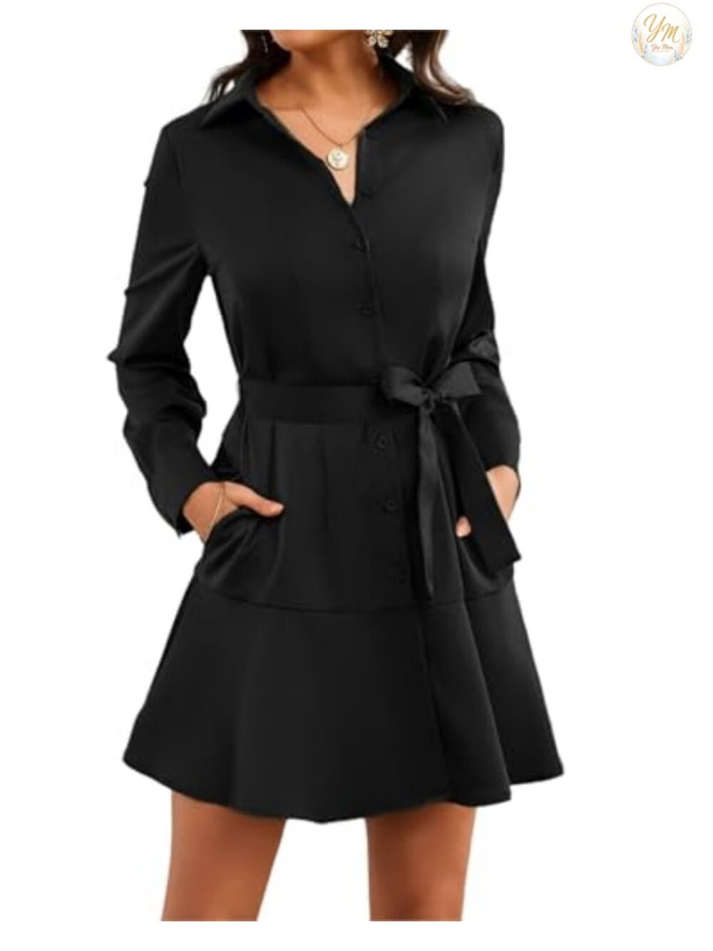 Satin Long Sleeve Button Up Midi Shift Dress with Belt Pockets for Work Office